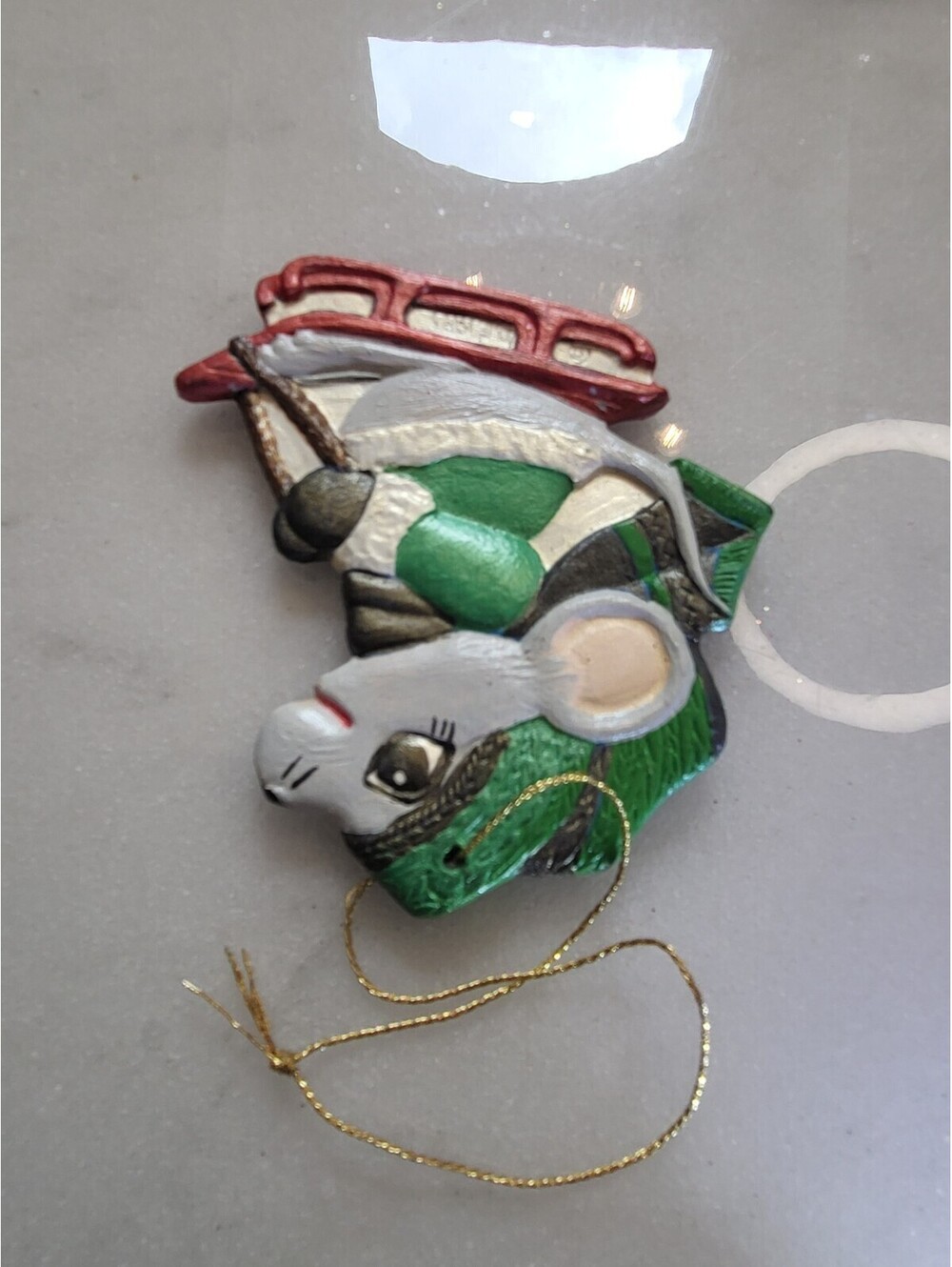 D.E. 1983 OOAK Handpainted Ceramic Mouse On Sled Christmas Ornament 3" A50 - Picture 5 of 7